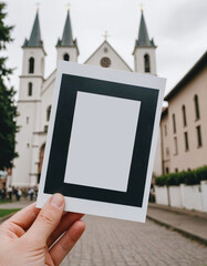 Individual holding a blank photo frame in front of a historic church facade,