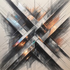 An abstract sketch features a network of intersecting lines and shapes, blending shades of black, orange, and hints of reflective surfaces. The composition conveys movement and depth