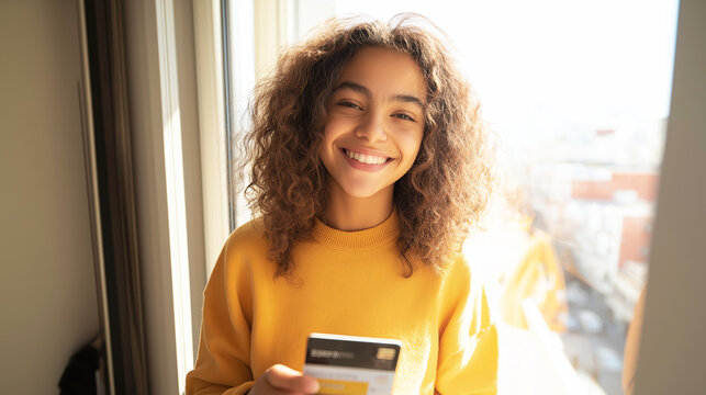 Young woman smiling, gripping credit card and smartphone near window, browsing online shopping with confident banking transaction