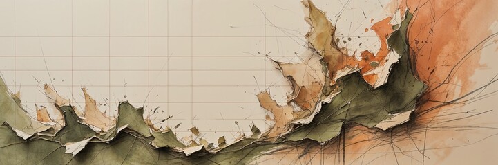 The artwork features an abstract composition of layered organic shapes transitioning into structured lines. Warm earthy colors and textures create a dynamic contrast, highlighting creativity