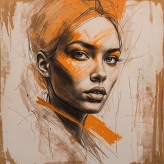A striking abstract sketch captures the essence of a woman's face, featuring bold orange strokes and delicate lines that emphasize her features and convey emotion and depth