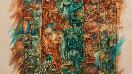 Colorful yarn-like patterns weave across a textured surface, showcasing shades of green, brown, and orange. The abstract design invites contemplation and interpretation