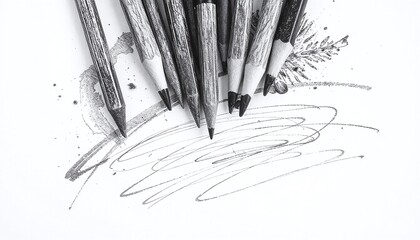 Group of black pencils arranged in a circular pattern, forming an abstract sketch on white paper. The image captures artistic expression with pencil tips creating dynamic lines...