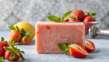 Handcrafted strawberry soap bar surrounded by fresh strawberries and a citrus fruit. A sprig of mint decorates the soap, adding a touch of freshness to the natural presentation.
