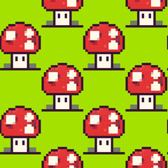 Colorful pixelated mushroom pattern on a bright green background showcasing whimsical design elements for various uses