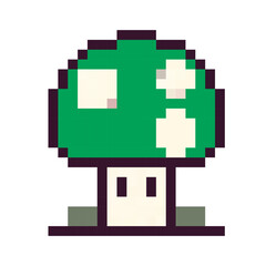 Green pixelated mushroom with white spots, showcasing retro video game design and nostalgic aesthetics