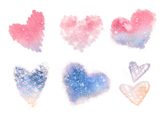A set of delicate watercolor blue-pink hearts for design. Hearts on a white background for creative design of cards, postcards, invitations