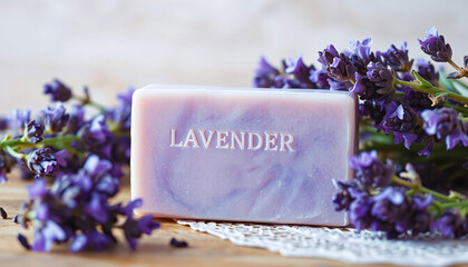 Lavender soap bar elegantly displayed with fresh lavender flowers on a wooden surface.