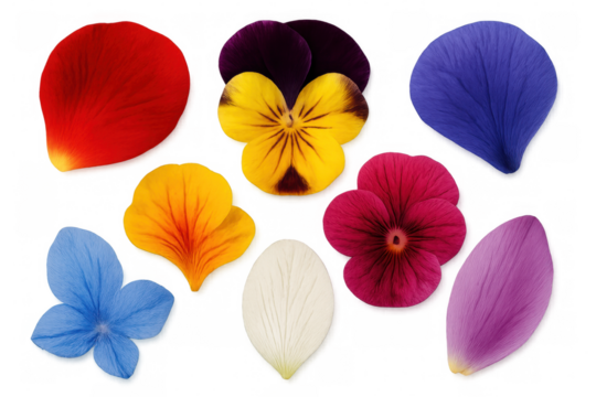 Colorful petals and flowers are arranged on a transparent background, showcasing their vibrant hues and delicate textures