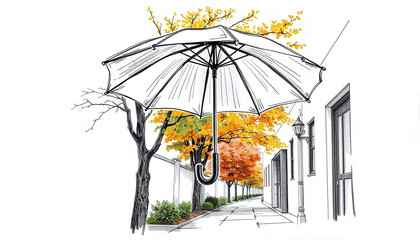 illustration showcasing a large umbrella hovering above a quaint autumn path lined with vibrant orange and yellow trees, creating a whimsical and protective atmosphere.