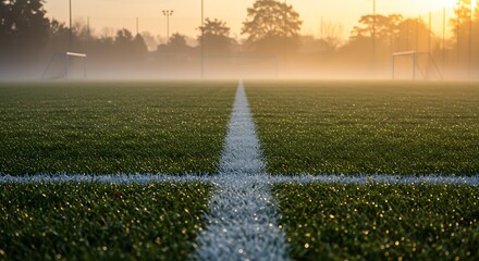 Misty Sunrise on a Soccer Field Early Morning Sports Field