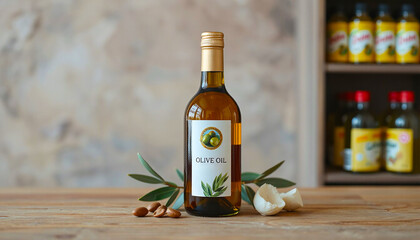 A bottle of olive oil on a wooden table with olive branches, highlighting natural ingredients and Mediterranean cuisine. The background includes a shelf with additional bottles of oil.