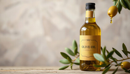 Olive Oil Bottle with Fresh Olive and Leaf Detail