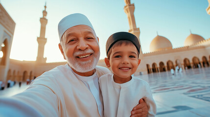 Cheerful muslim grandfather and grandson taking a selfie in the Sheikh Zayed Grand Mosque of Abu Dhabi