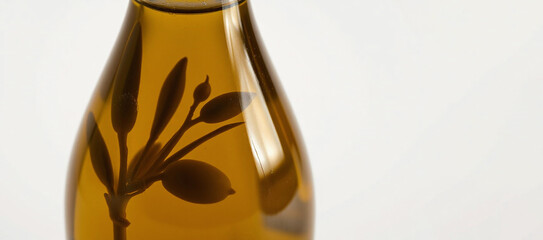 Olive branch silhouette visible through a transparent bottle of olive oil, showcasing the natural essence and purity of the oil. Ideal for culinary and health-related uses.