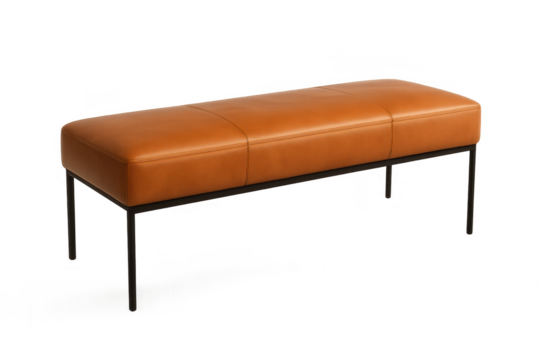 Modern brown leather bench isolated on transparent background, contemporary style