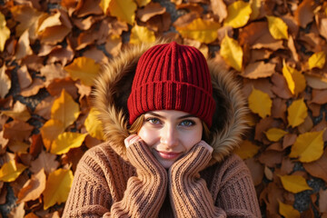A woman in a red cap and warm sweater lies on bright autumn leaves, emphasizing the seasonal mood with a cozy, warm atmosphere.