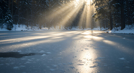Obraz premium Sunlight streams through a snowy forest, illuminating a frozen lake.
