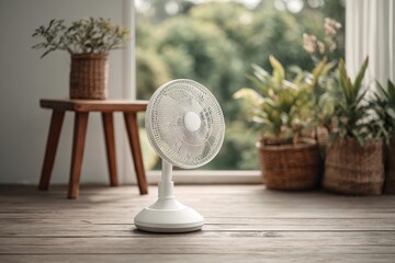 White electric fan in cozy natural interior providing relief during summer heat and climate stress