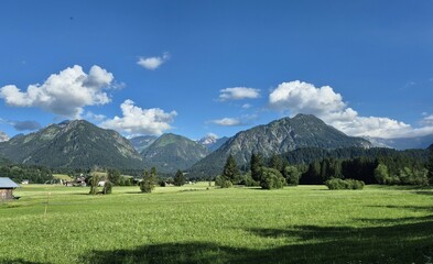 Oberstdorf Allgäuer Hochalpen vast green meadow under a bright blue sky with fluffy white clouds...