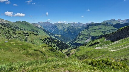 Oberstdorf Allgäuer Hochalpen breathtaking panoramic view of green mountain valleys under a clear...