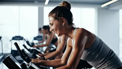 Female fitness enthusiast engaged in cycling workout at modern gym, showcasing determination and energy, with fellow cyclists in the background and bright, airy environment