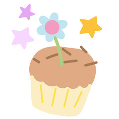 Illustration of chocolate cupcake, flower for sweet dessert, bakery, pastry, cake shop, menu, cafe, recipe, restaurant, baking book, department store, gourmet, sticker, decoration, icon, brooch, patch