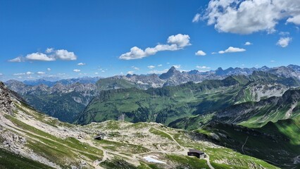 Oberstdorf Allgäuer Hochalpen, breathtaking panoramic view of alpine mountains under a clear blue...
