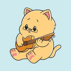 Cartoon Cat in Serious Pose Playing Guitar