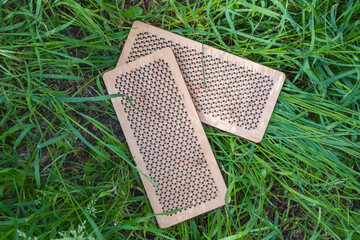 Sadhu nail boards lie in thick green grass. The practice promotes mindfulness, overcoming pain, and...