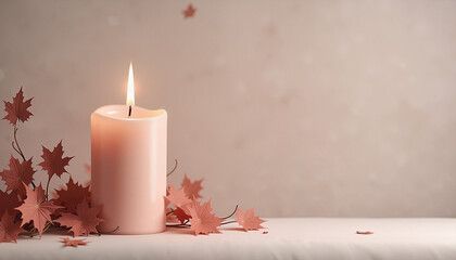 Glowing pale pink candle with maple leaves, for relaxation with space for text