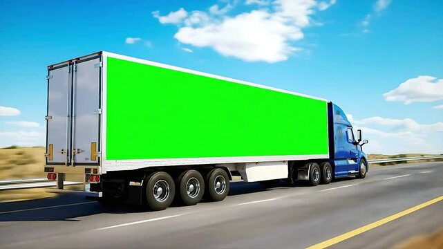Blue Cargo Truck with a Blank Green Screen Side for Branding. blue semi-truck with a white trailer driving at speed on a highway