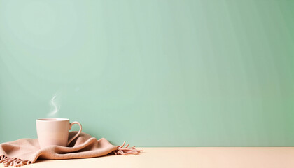 Coffee mug and warm scarf with steam against pale green backdrop, with space for text
