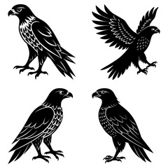 Four black silhouette illustrations of eagles in various poses against a white background design element