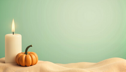 Minimalist autumn composition with candle, pumpkin, and soft mint background, with space for text