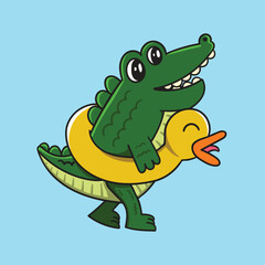 Crocodile Character Walking with Duck Float Around Waist