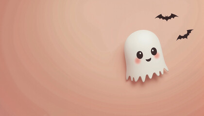 Cute ghost with bats on pink gradient, with space for text