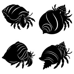 Illustration of four hermit crabs in different shells in black silhouette on a white background design vector © Love