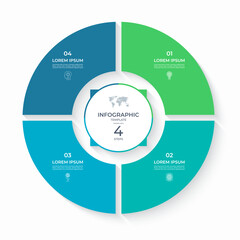 Vector infographic circle divided into 4 steps. Cycle diagram with 4 options. Round chart that can be used for report, business analytics, data visualization and presentation, educational content.