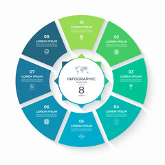 Vector infographic circle divided into 8 steps. Cycle diagram with 8 options. Round chart that can be used for report, business analytics, data visualization and presentation, educational content.