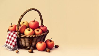Basket filled with red apples, acorns, and checkered napkin, with space for text