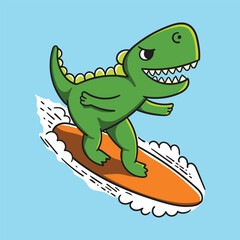 Cute Dino Character Surfing on Blue Sea Waves