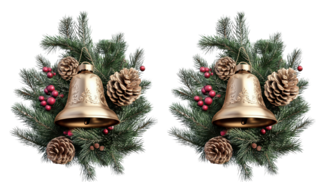 Two Christmas bells with pine branches red ribbon festive holiday ornament decoration traditional winter design isolated on white background