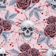 Seamless pattern with human skulls and roses on a pink background with red watercolor spots and splashes. Gothic illustration for fabric, wrapping paper, cover, packaging, wallpaper.