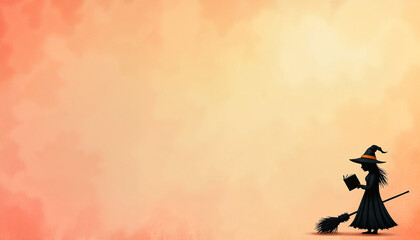 Girl dressed as witch is reading spellbook, gradient background, with space for text