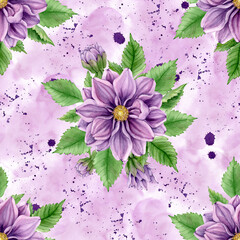 Seamless pattern with purple dahlias, green leaves and watercolor spots and splashes on a white background. For fabric, wrapping paper, and covers.