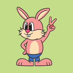 Pink Bunny Cartoon Making Peace Sign Gesture
