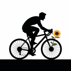 Fototapeta premium Silhouette of Cyclist with Sunflower on Bicycle Summer Cycling Art