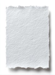 A textured, off-white rectangular piece of paper with torn edges casts a subtle shadow on a white background