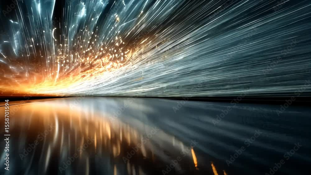 Poster Dynamic fiber optic streams of light creating a glowing tunnel effect in dark space, symbolizing data flow and high-speed connectivity